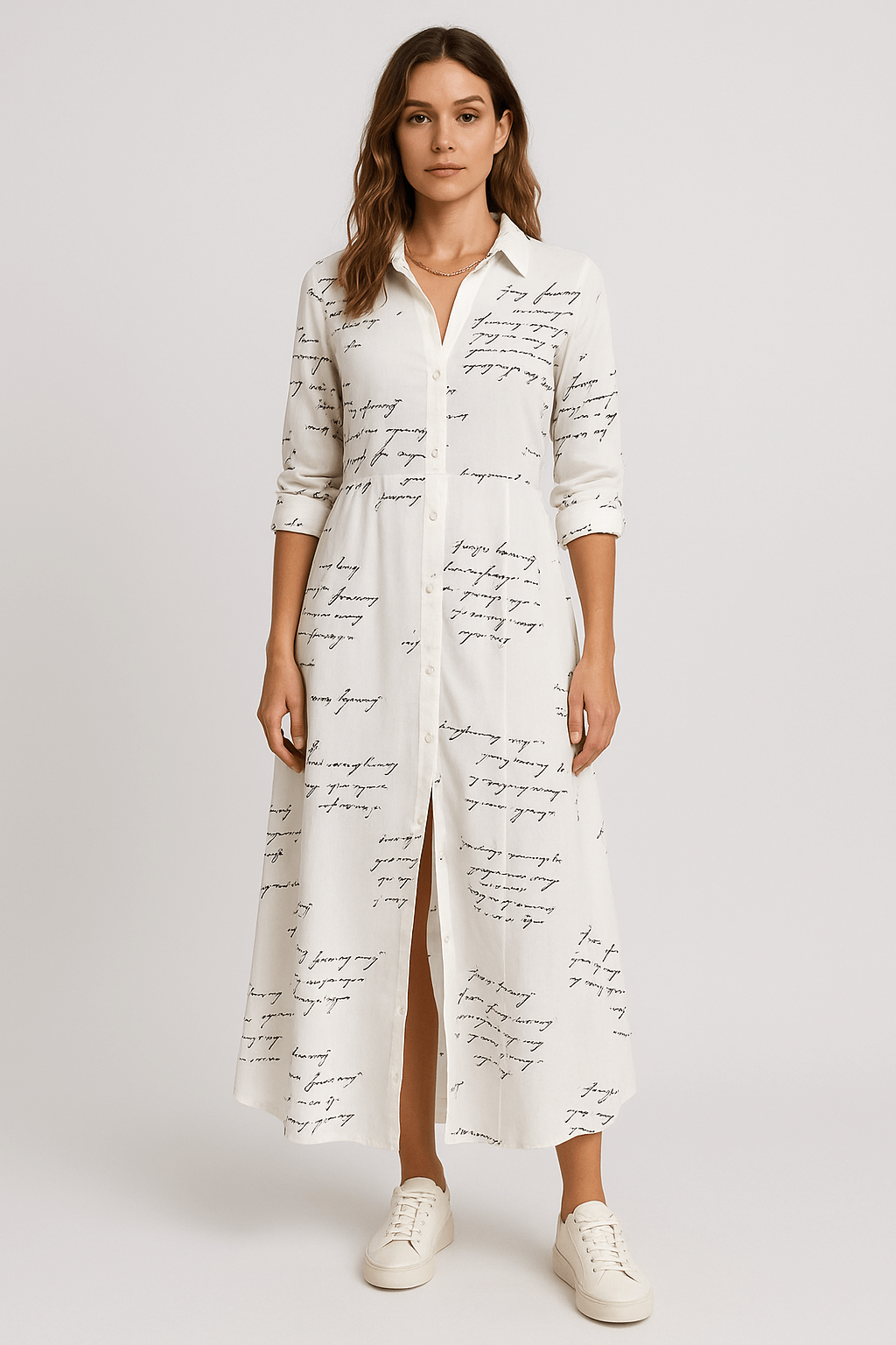 Maya | Long-Sleeve Maxi Shirt-Dress - Printed Design - Button-Down Dress
