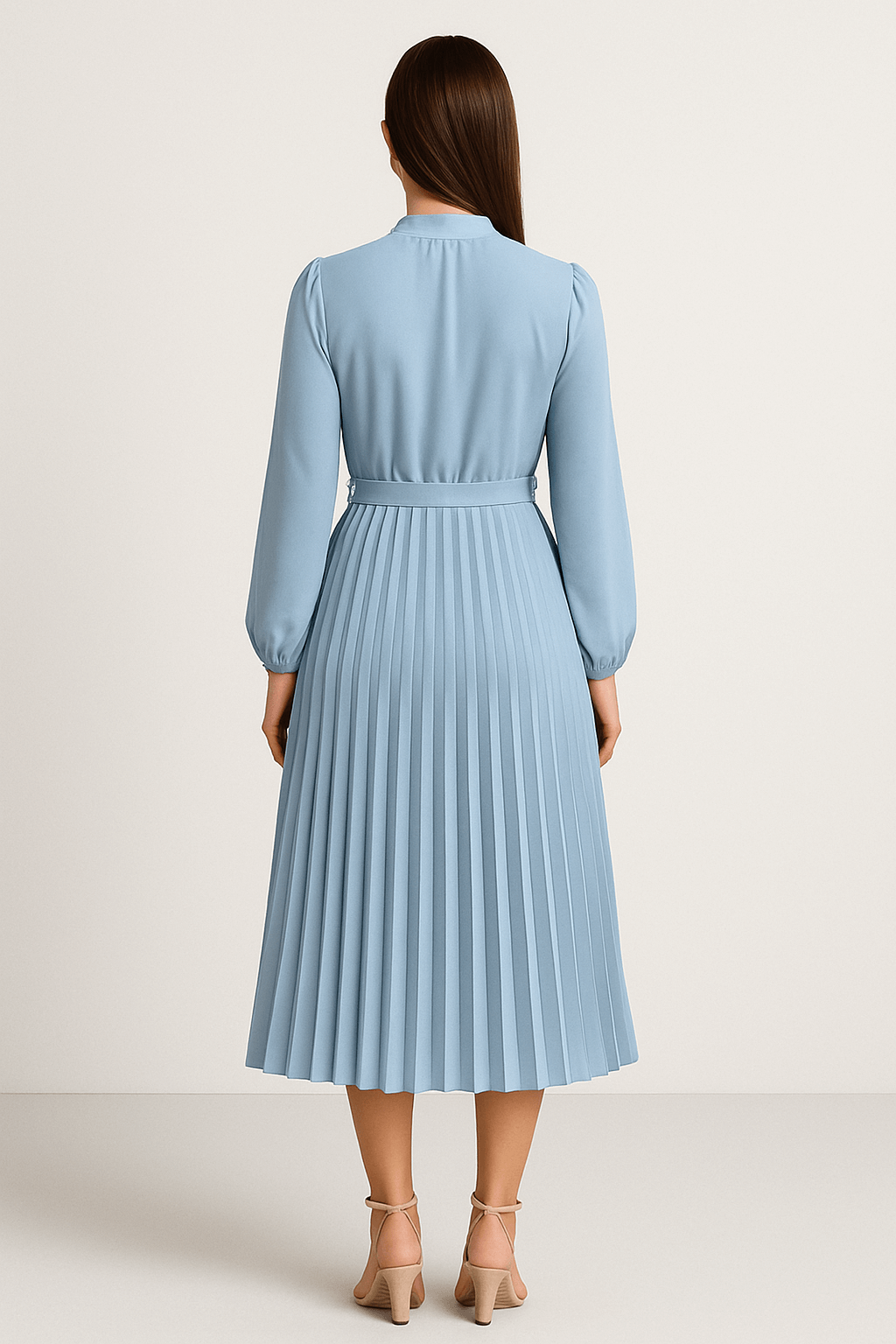 Delilah | Women's Elegant Midi Cocktail Dress – High Neck, Long Sleeve – Flowy & Pleated