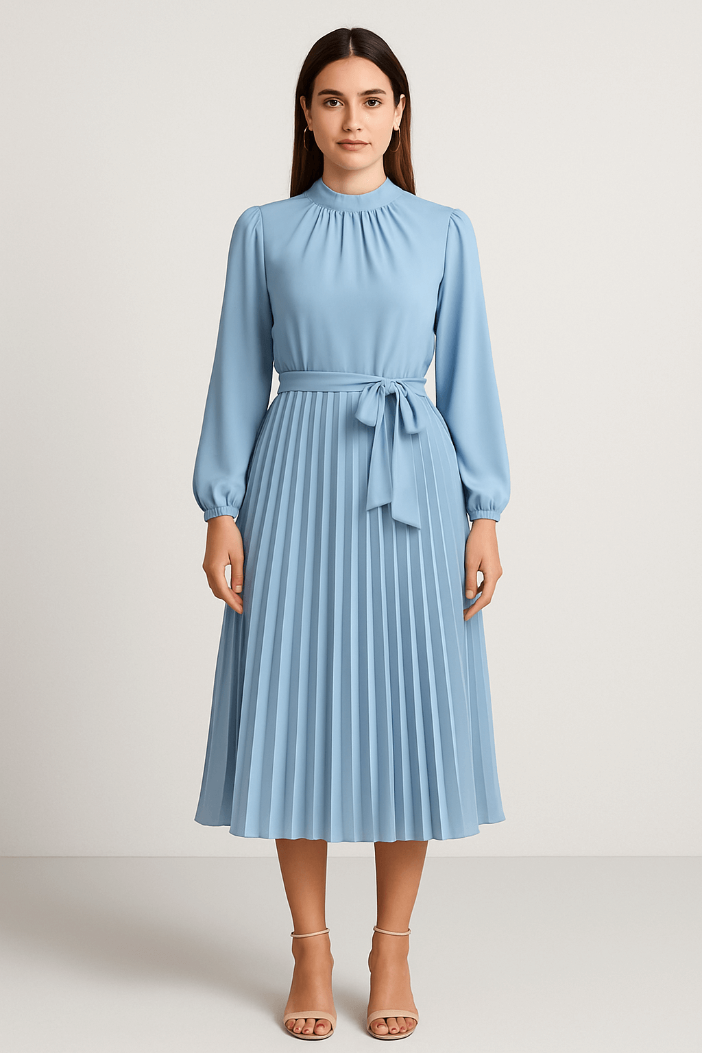 Delilah | Women's Elegant Midi Cocktail Dress – High Neck, Long Sleeve – Flowy & Pleated