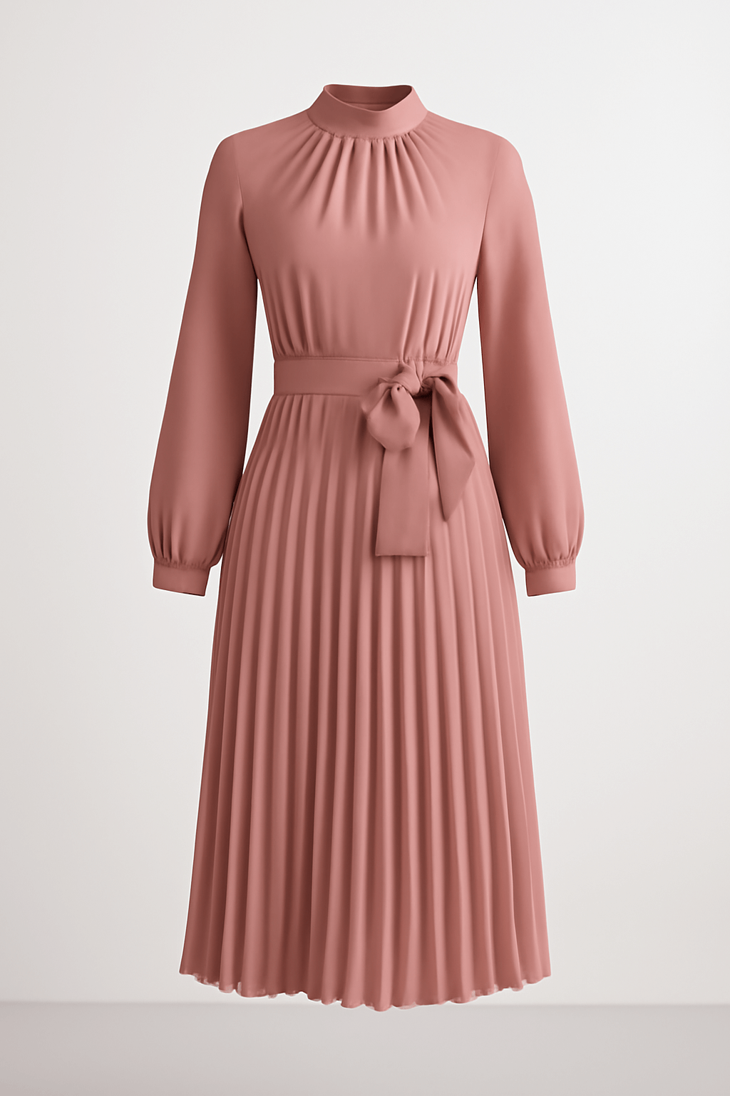 Delilah | Women's Elegant Midi Cocktail Dress – High Neck, Long Sleeve – Flowy & Pleated