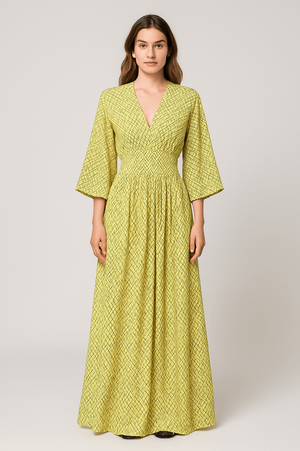 Noelle | Women's Summer Maxi Dress – Wrap Style – Flared Sleeves & Checkered Pattern