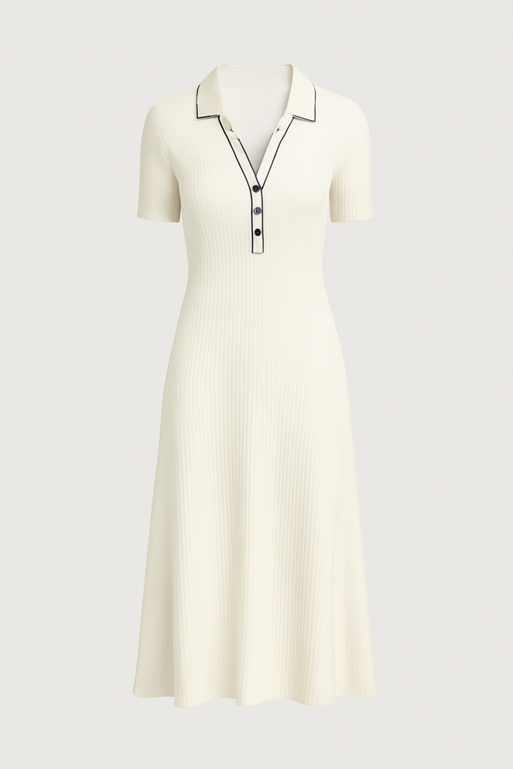 Cleo | Women's Summer Maxi Dress – Ribbed Knit – Collared V-Neck with Button Detail