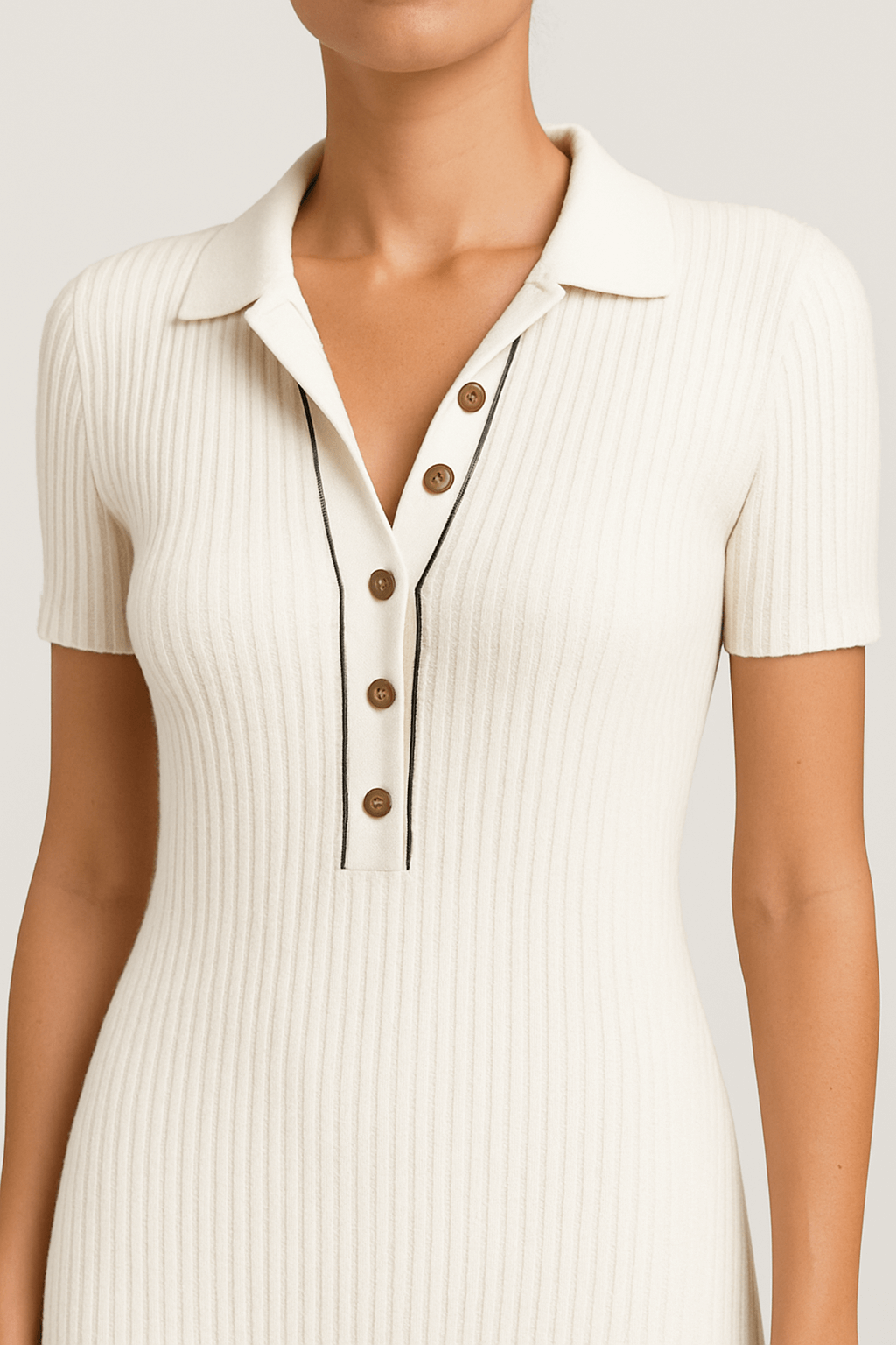 Cleo | Women's Summer Maxi Dress – Ribbed Knit – Collared V-Neck with Button Detail