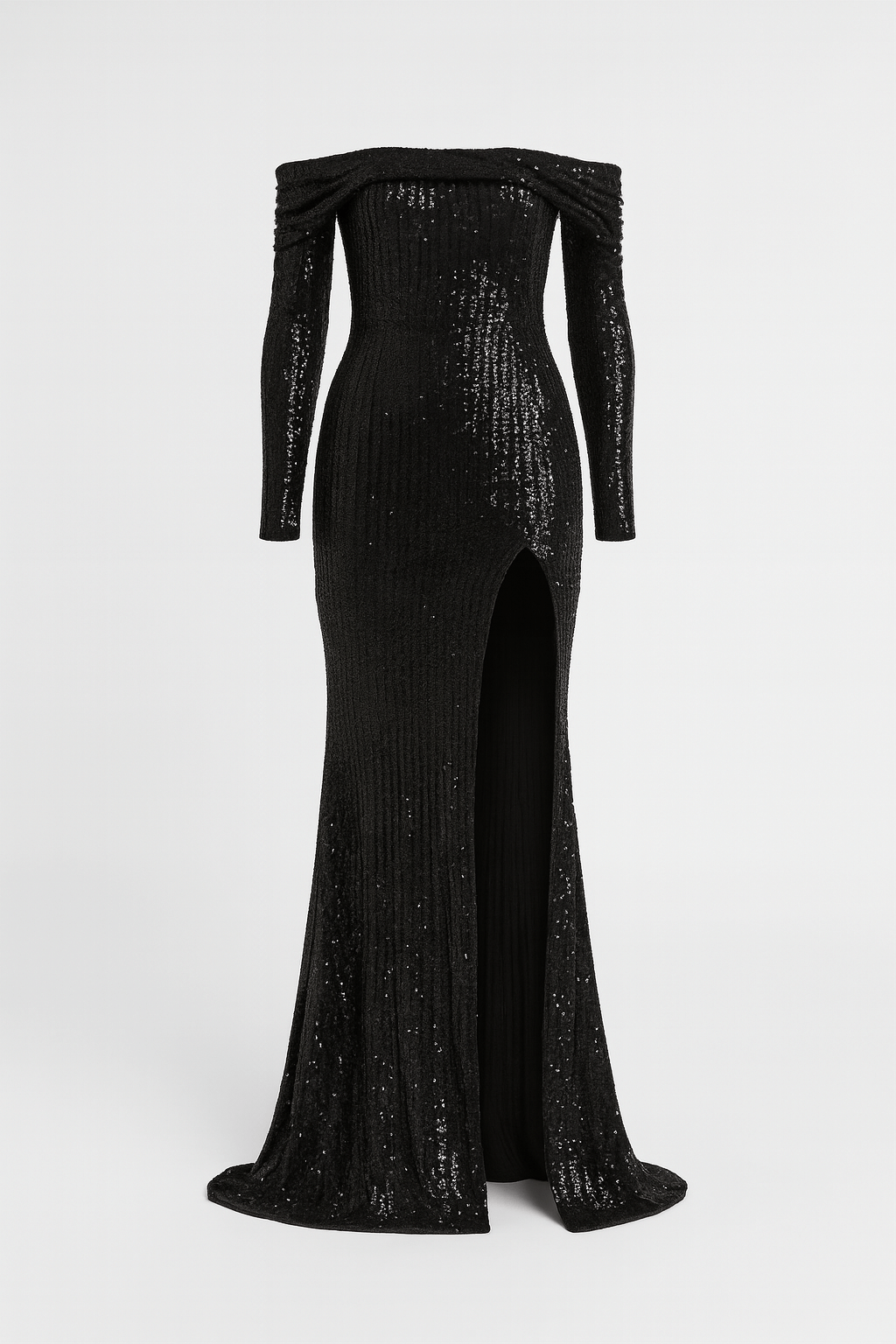 Gabriella | Women’s Black Sequin Evening Gown – Off Shoulder Long Sleeve Formal Dress with High Slit