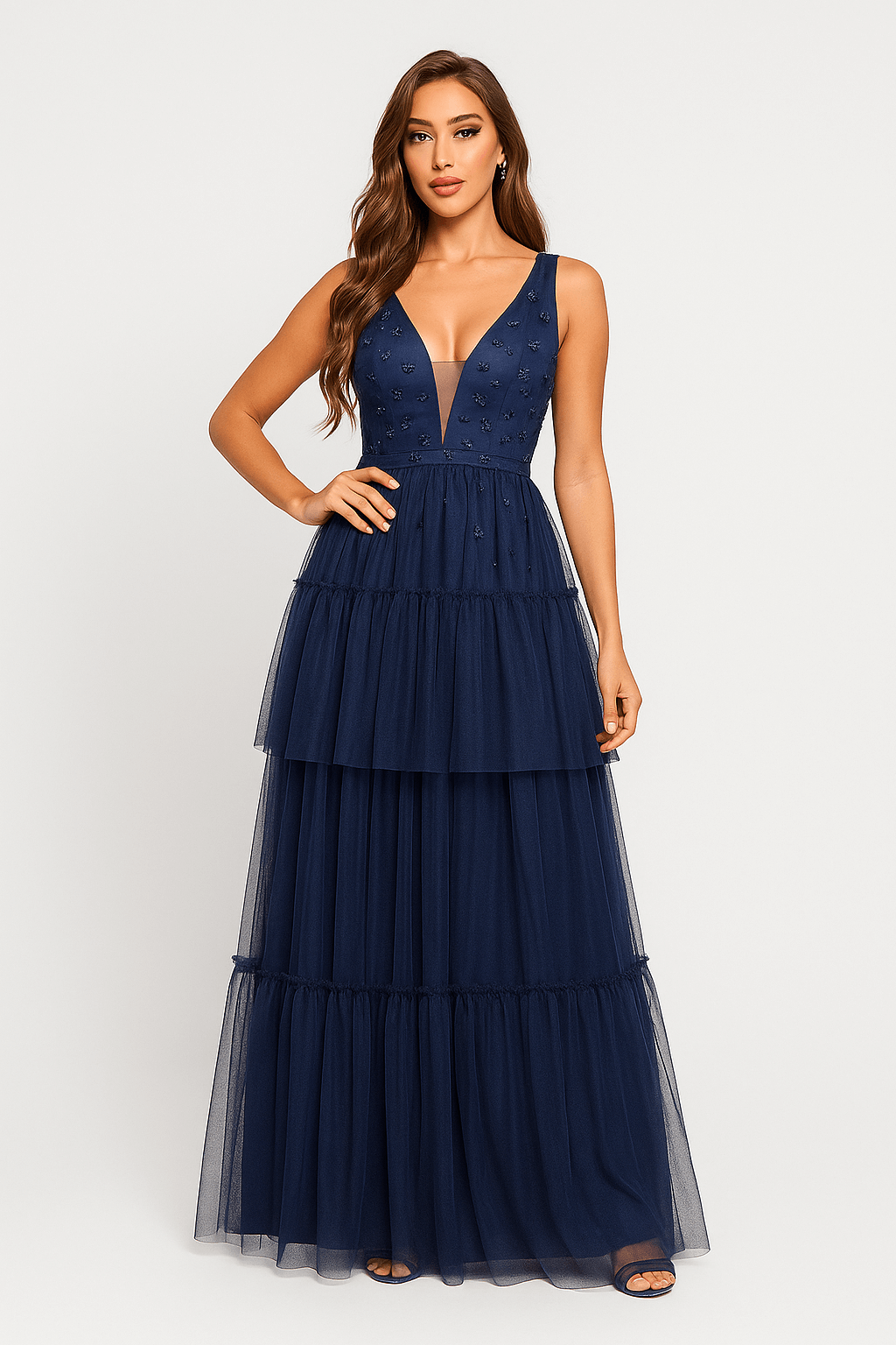 Esme | Formal Maxi Dress - Embellished Bodice - Tiered Tulle Skirt - Flattering V-Neck