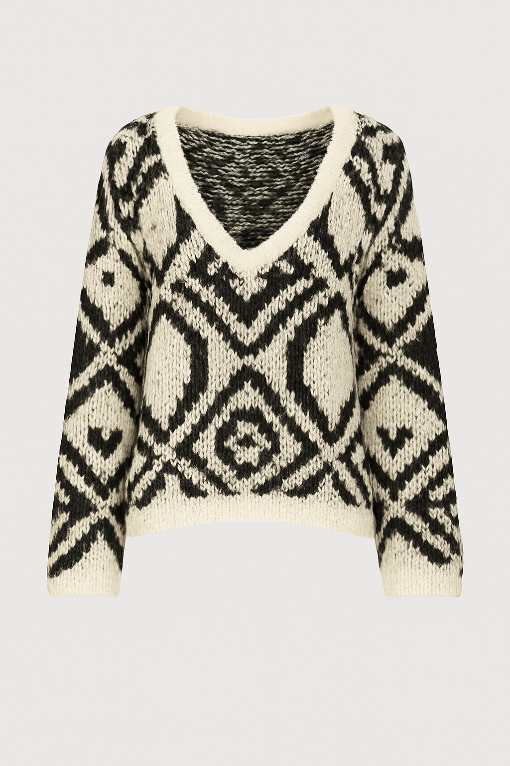 Fallon | Fien Sweater - Women’s Geometric Knit - V-Neck Acrylic Pullover - Loose Fit