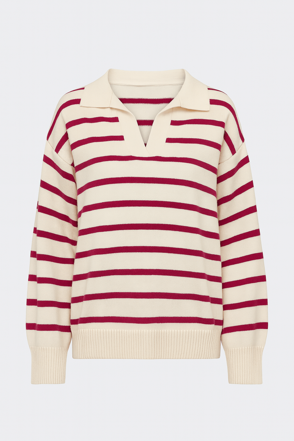Kendall | Striped Knit Sweater - Women's Collared V-Neck - Long Sleeve - Cotton Blend Knit