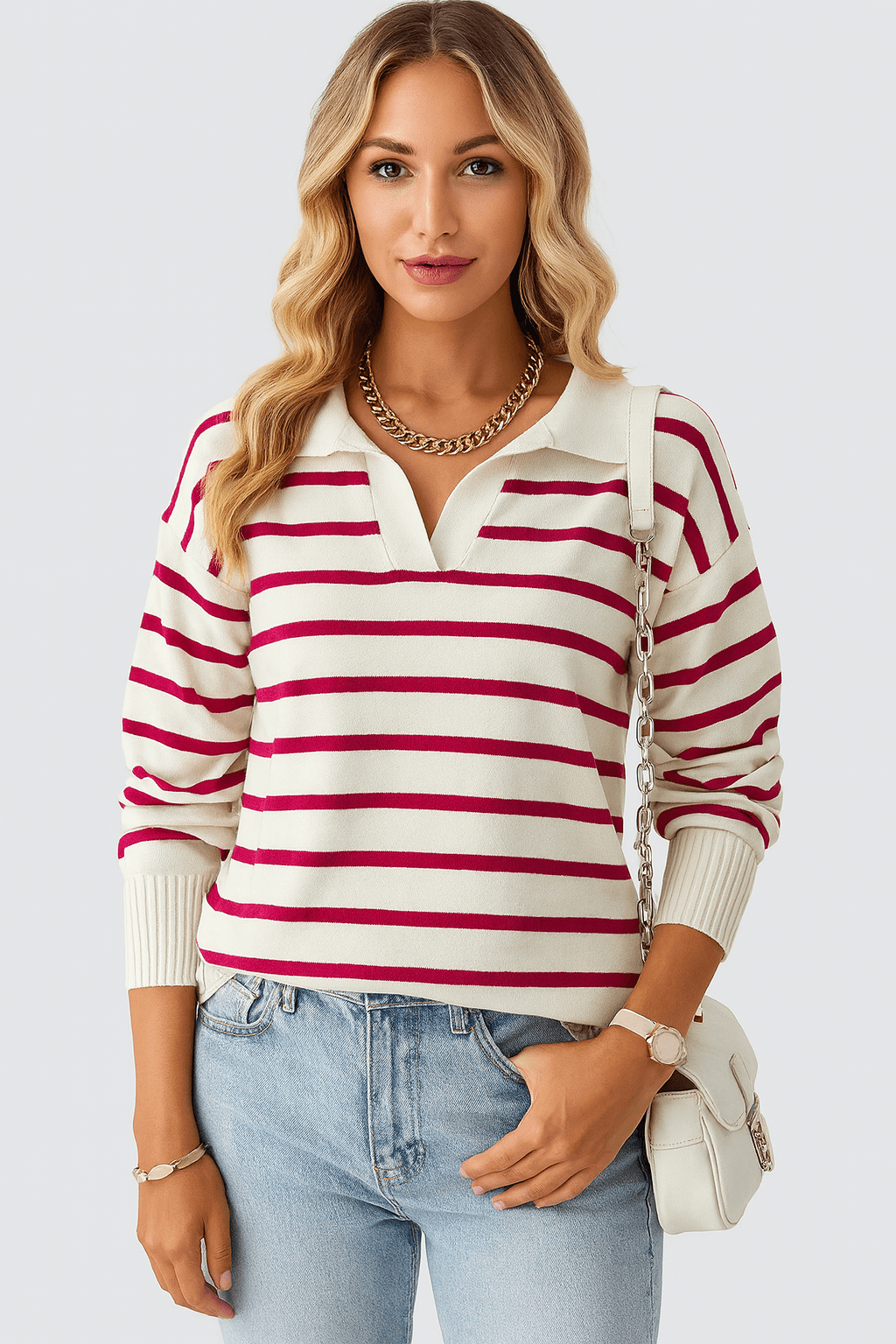 Kendall | Striped Knit Sweater - Women's Collared V-Neck - Long Sleeve - Cotton Blend Knit