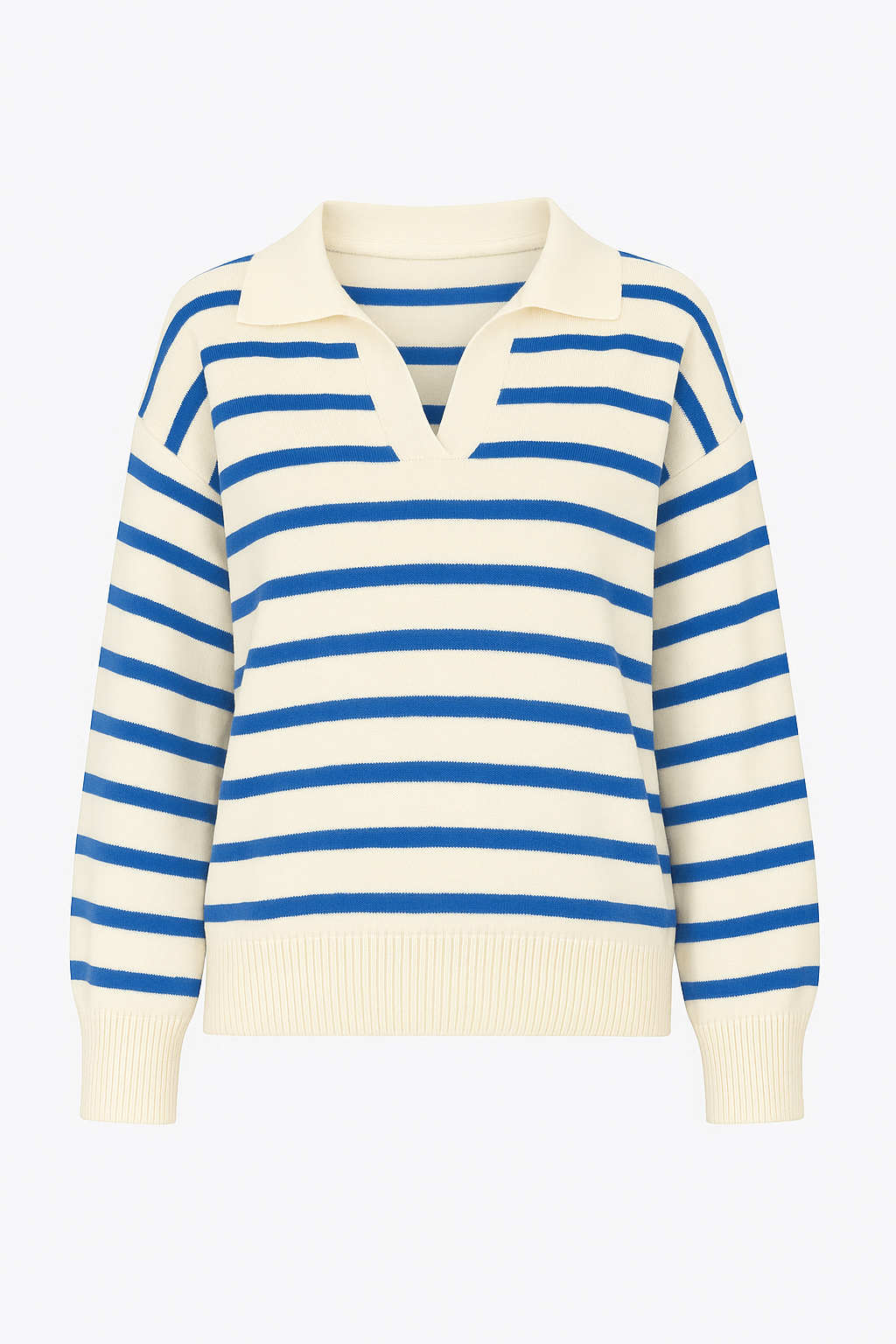 Kendall | Striped Knit Sweater - Women's Collared V-Neck - Long Sleeve - Cotton Blend Knit