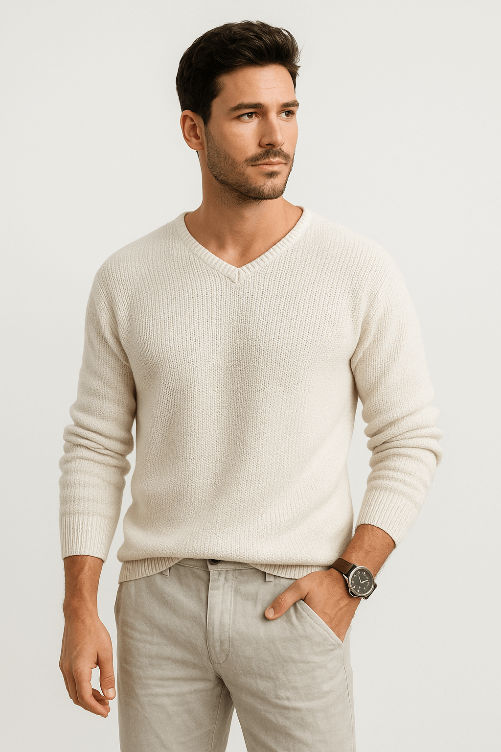 Daniel | Men’s V-Neck Knit Sweater – Classic Long Sleeve Pullover in Beige Cotton Blend