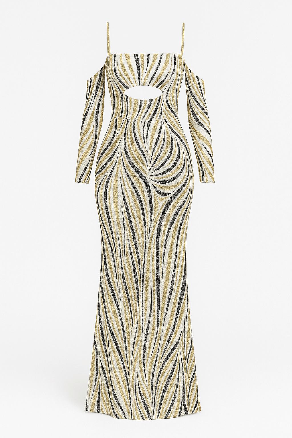 Melina | Women’s Metallic Striped Evening Gown – Cutout Cold Shoulder Formal Dress with Long Sleeves