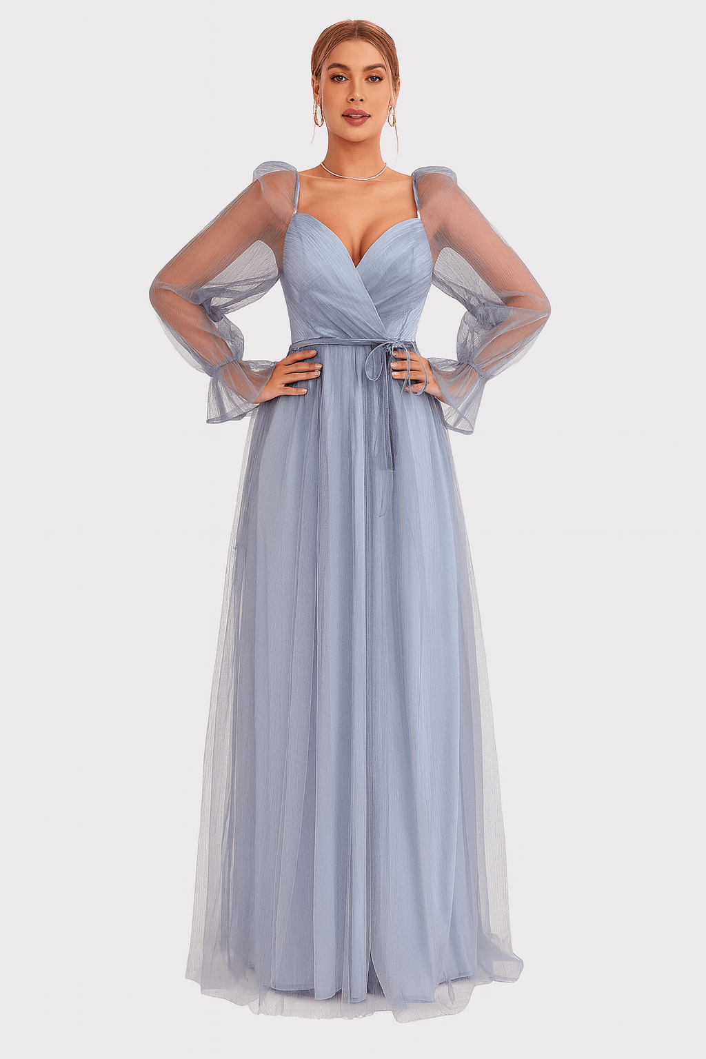 Fiona | Women’s Light Blue Tulle Evening Gown – V-Neck Formal Dress with Sheer Long Sleeves and Waist Tie
