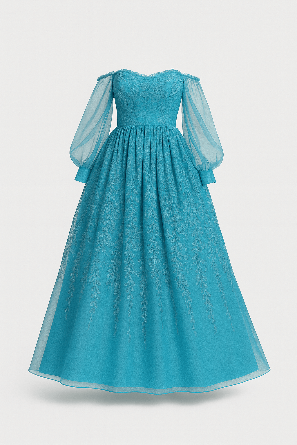 Aveline | Women’s Teal Off Shoulder Evening Gown – Lace Embroidered Formal Dress with Sheer Balloon Sleeves