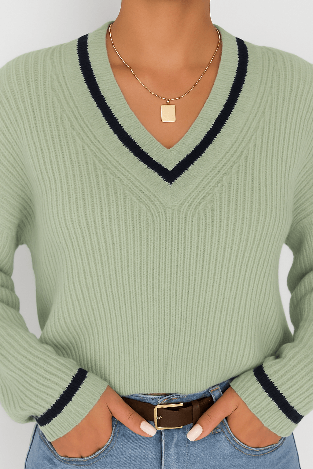 Tessa | Effortless Style - Women’s Striped V-Neck Sweater - Relaxed Fit - Ribbed Cuffs & Hem