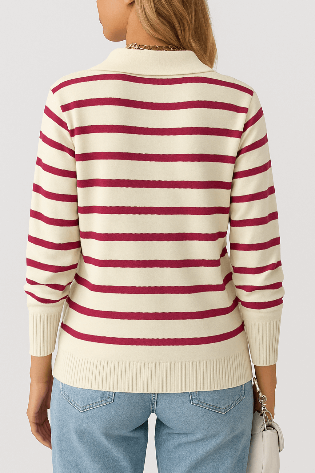 Kendall | Striped Knit Sweater - Women's Collared V-Neck - Long Sleeve - Cotton Blend Knit
