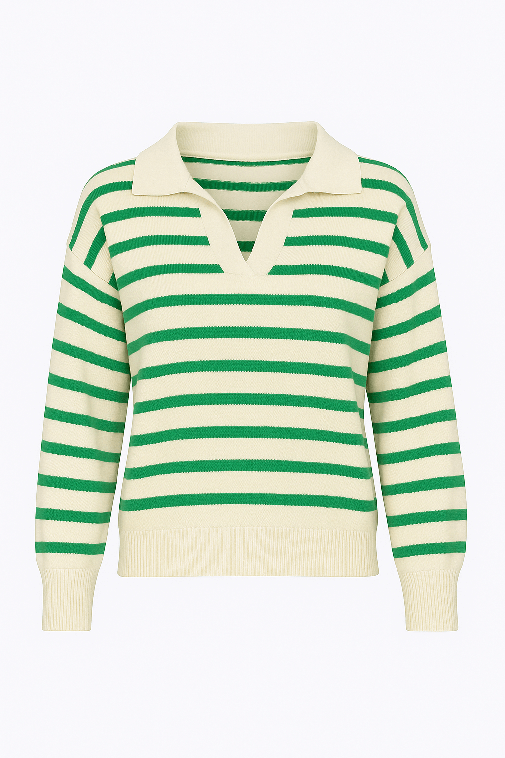 Kendall | Striped Knit Sweater - Women's Collared V-Neck - Long Sleeve - Cotton Blend Knit