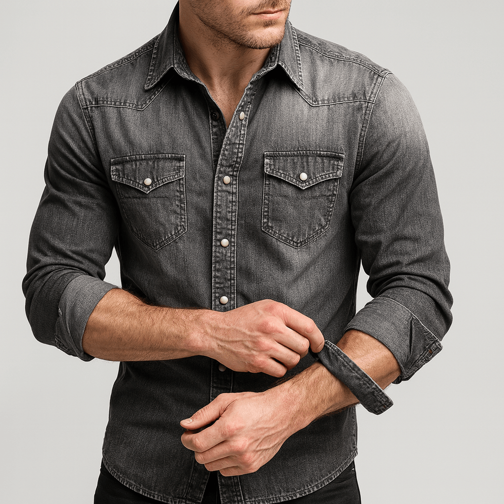 Stoneburry | Slim fit cotton blend denim long sleeve shirt