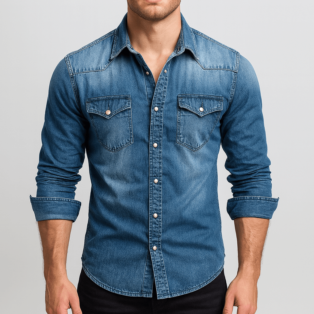 Stoneburry | Slim fit cotton blend denim long sleeve shirt