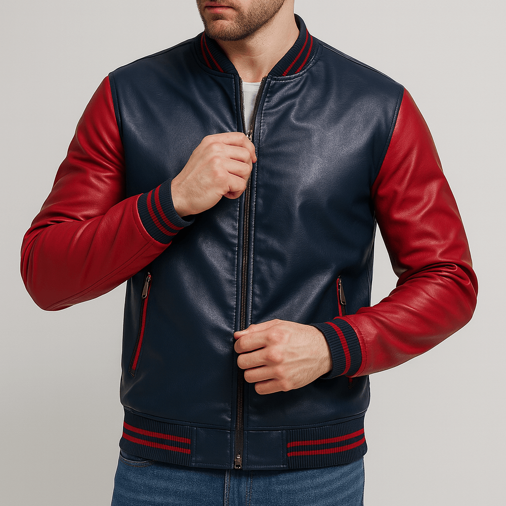 Stoneburry | Slim fit faux leather jacket with stand collar and ribbed trim