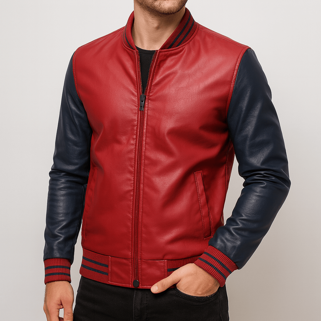 Stoneburry | Slim fit faux leather jacket with stand collar and ribbed trim