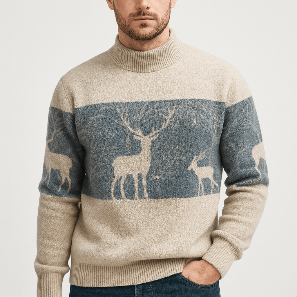 Stoneburry | Soft wool knit pullover sweater with mock neck and deer pattern