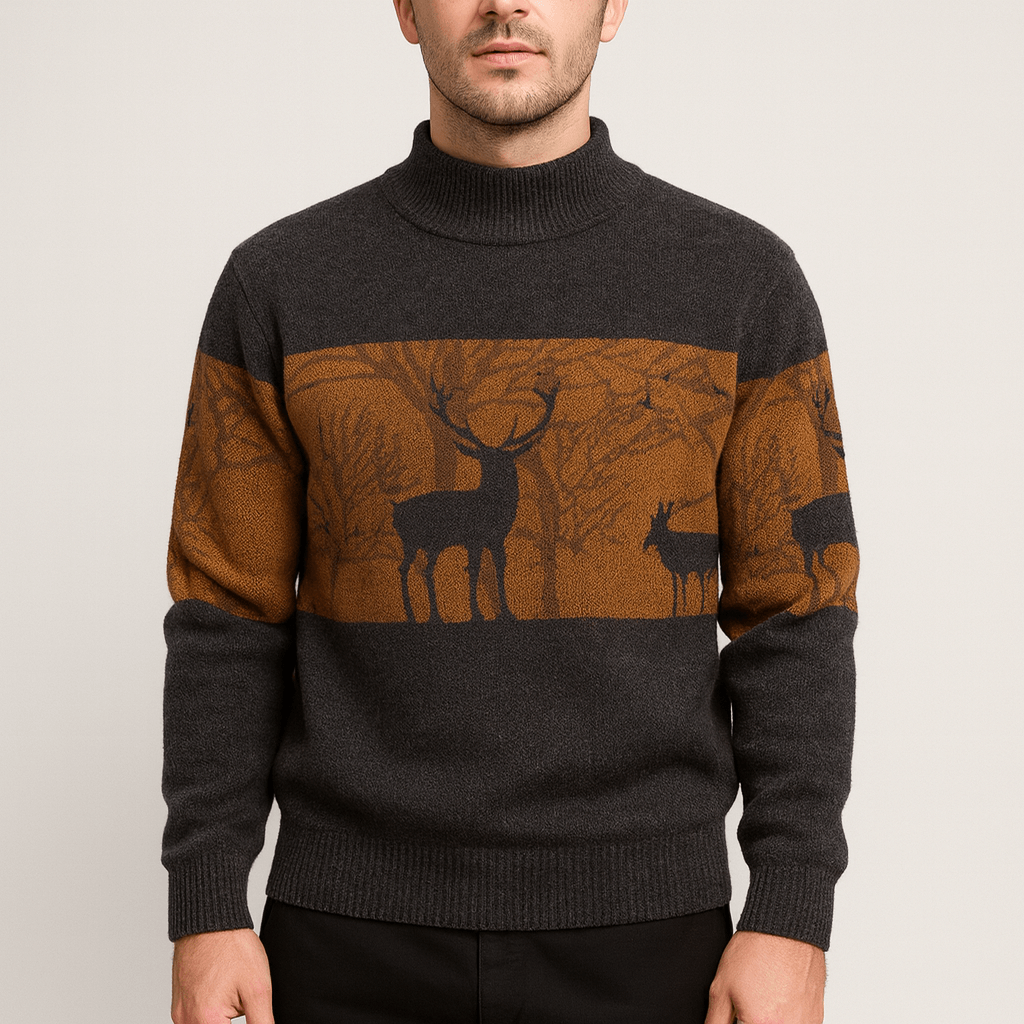 Stoneburry | Soft wool knit pullover sweater with mock neck and deer pattern
