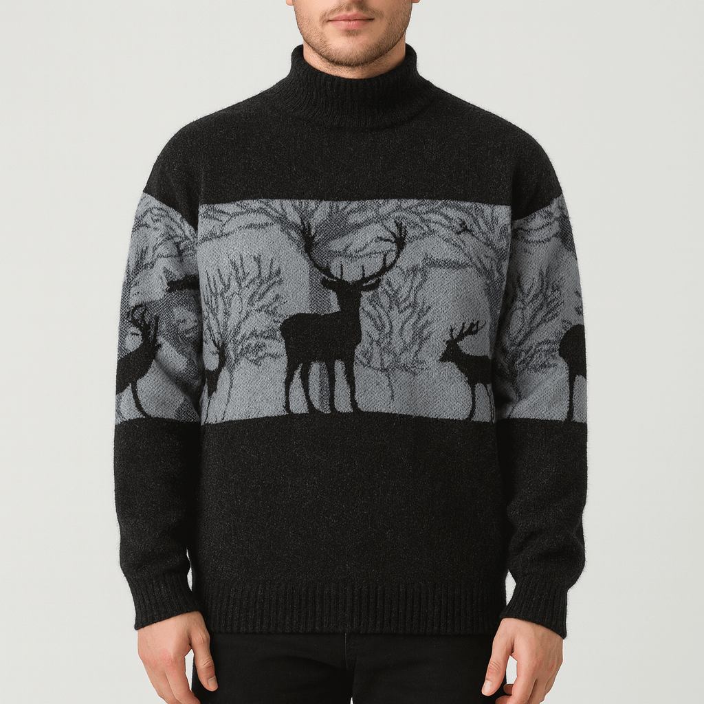 Stoneburry | Soft wool knit pullover sweater with mock neck and deer pattern