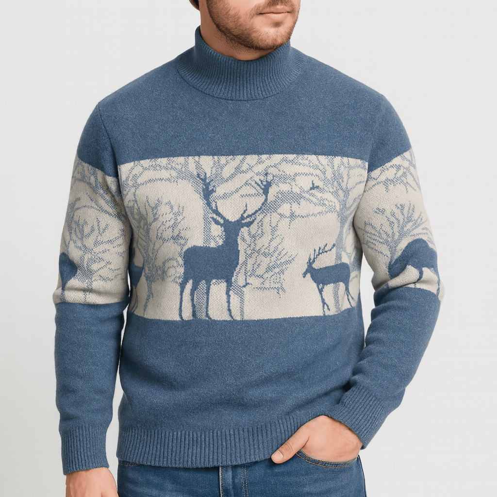 Stoneburry | Soft wool knit pullover sweater with mock neck and deer pattern