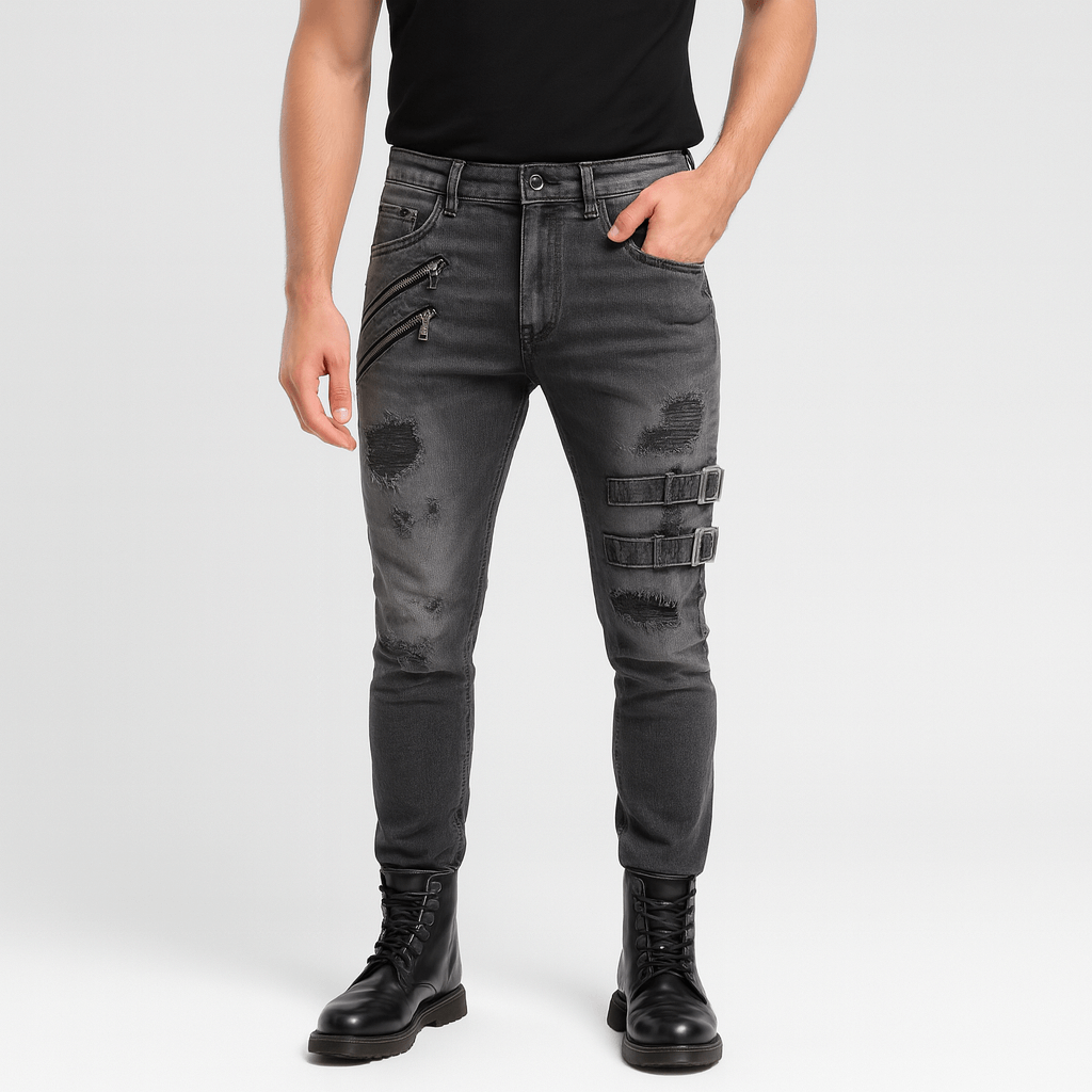 Stoneburry | Ripped skinny biker pants with buckle accents