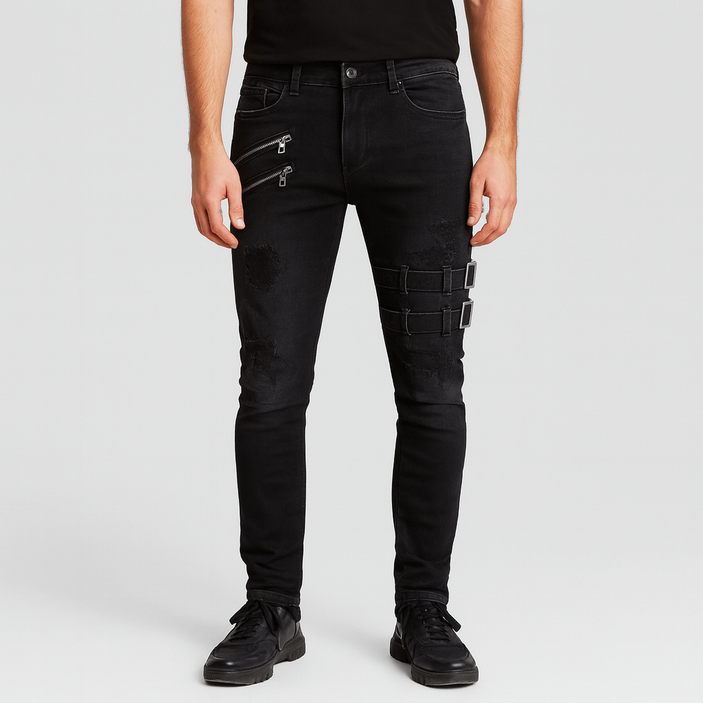 Stoneburry | Ripped skinny biker pants with buckle accents