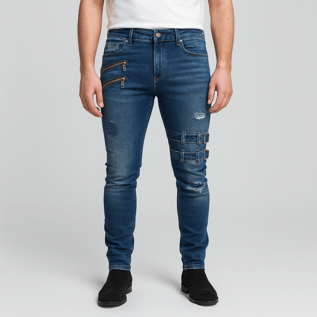 Stoneburry | Ripped skinny biker pants with buckle accents